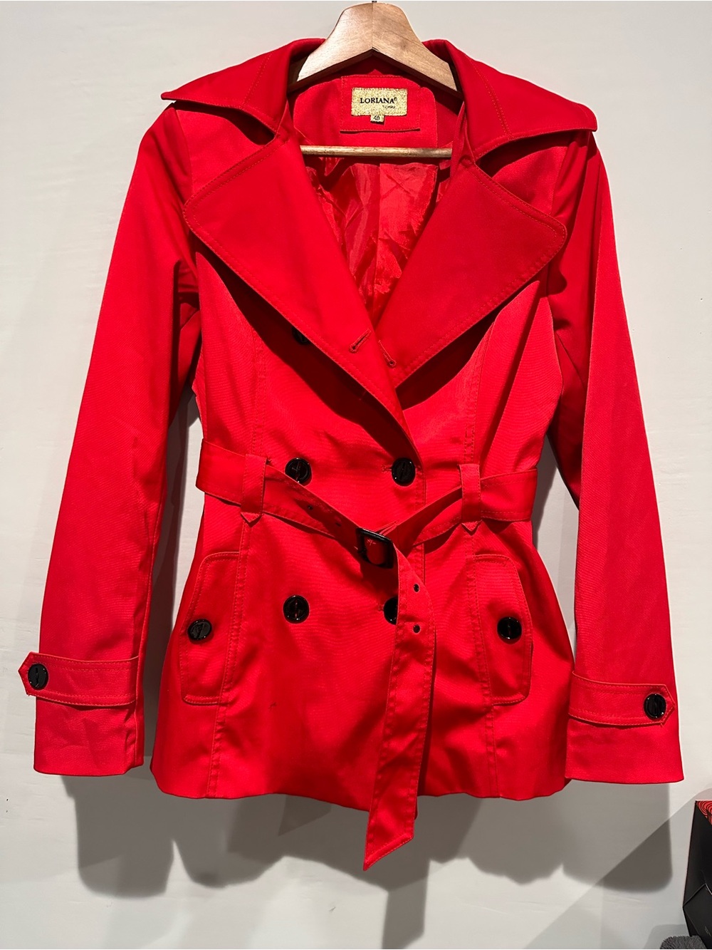 Loriana by Italy Women’s Red Double Breasted Trench Coat Belted Size 40
